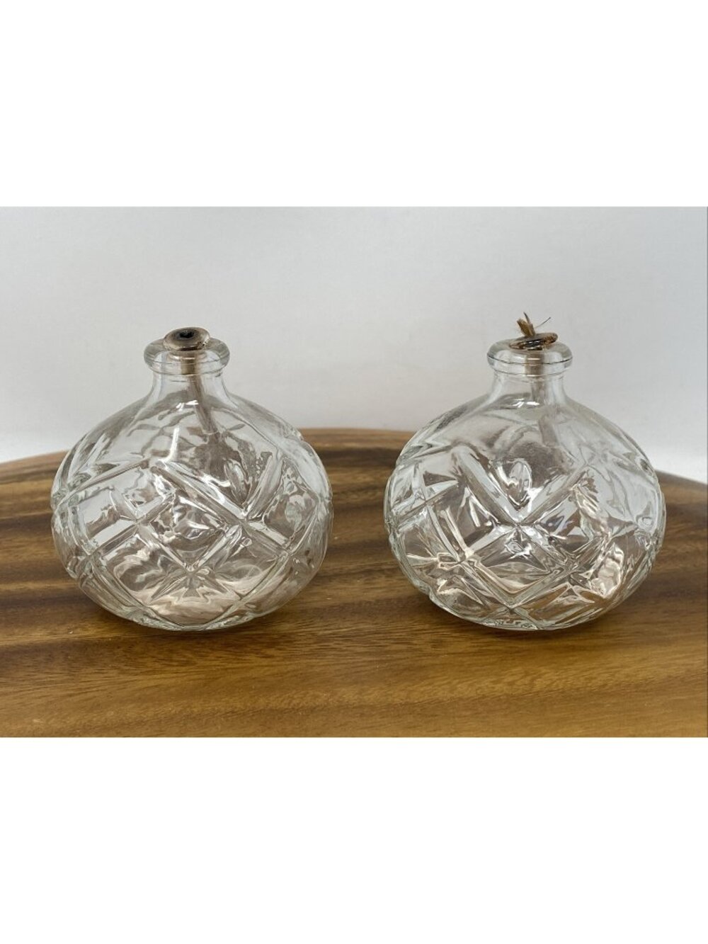 Set Of 2 Vintage Clear Pressed Glass Oil Lamps With Glass Wick Holders Diamond